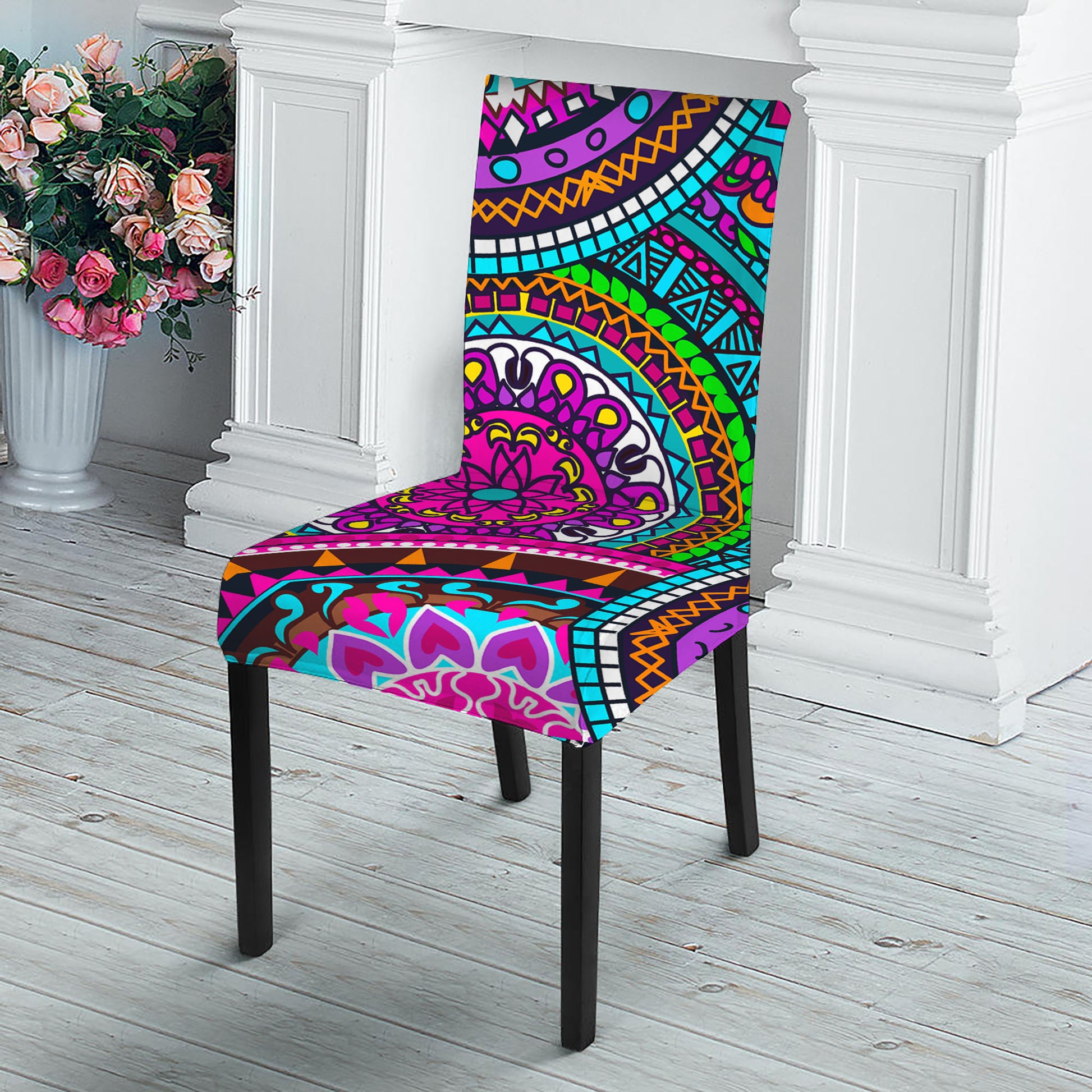Purple Teal Circle Mandala Print Dining Chair Slipcover