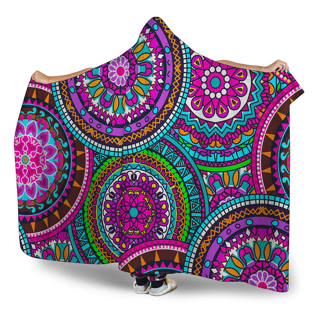 Purple Teal Circle Mandala Print Hooded Blanket