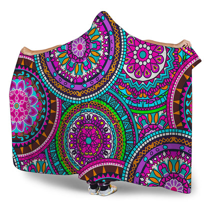 Purple Teal Circle Mandala Print Hooded Blanket