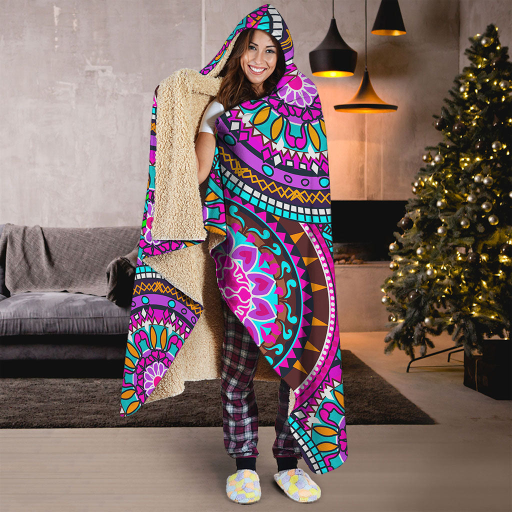 Purple Teal Circle Mandala Print Hooded Blanket