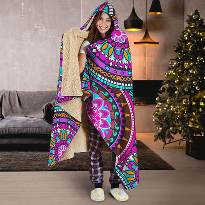 Purple Teal Circle Mandala Print Hooded Blanket