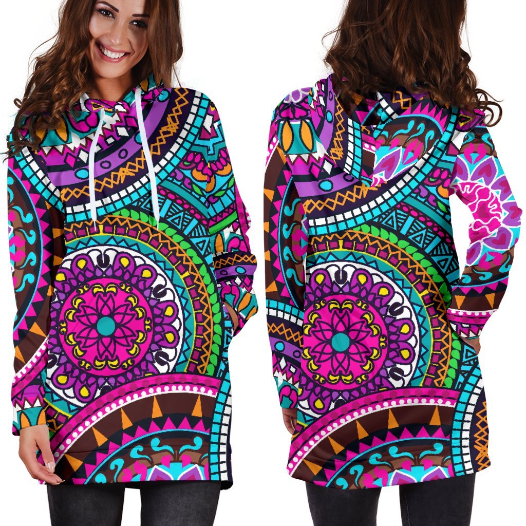 Purple Teal Circle Mandala Print Hoodie Dress GearFrost