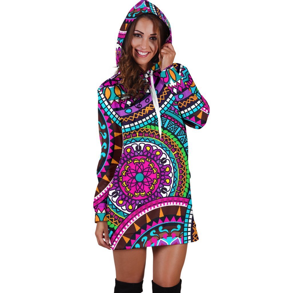 Purple Teal Circle Mandala Print Hoodie Dress GearFrost