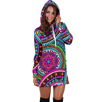 Purple Teal Circle Mandala Print Hoodie Dress GearFrost