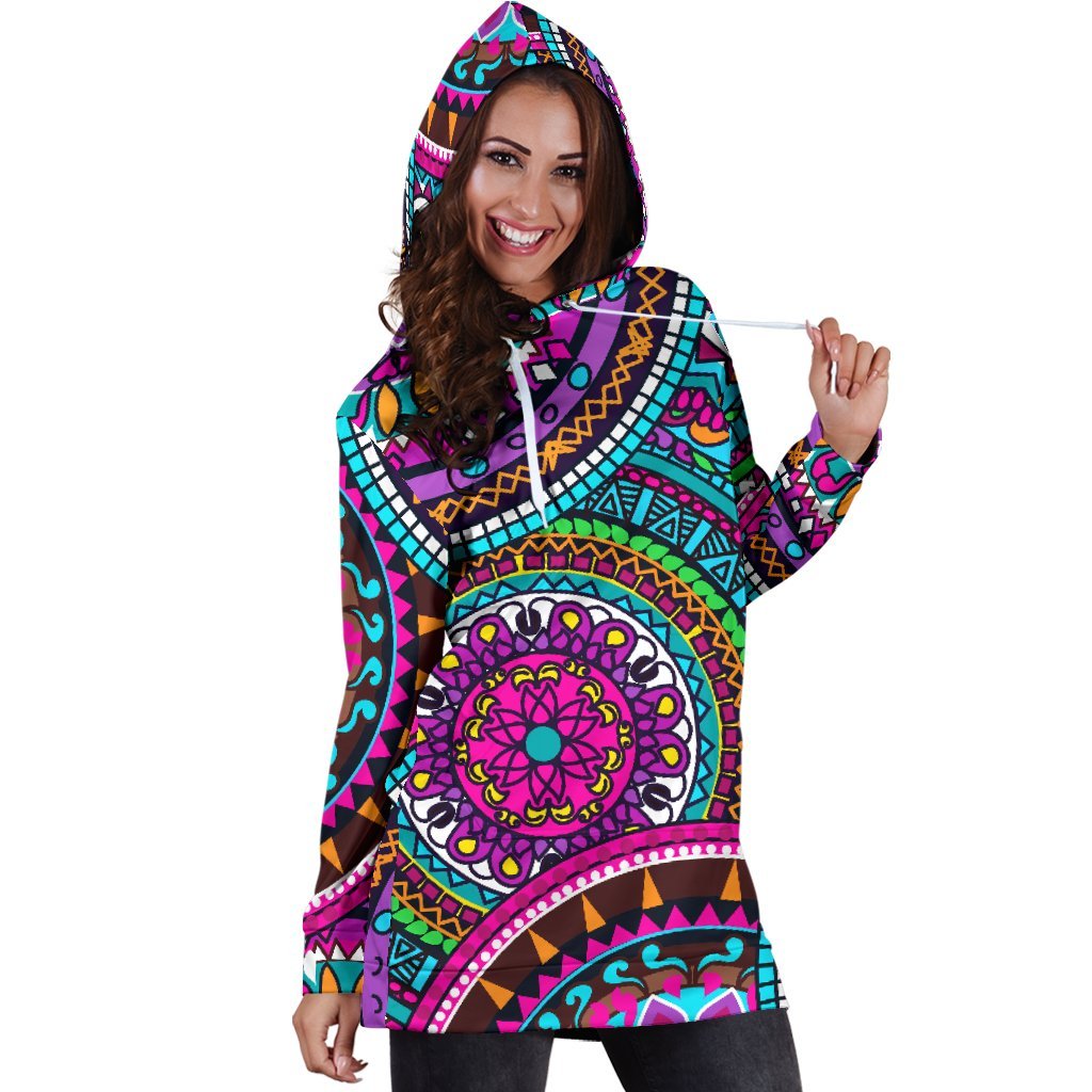 Purple Teal Circle Mandala Print Hoodie Dress GearFrost