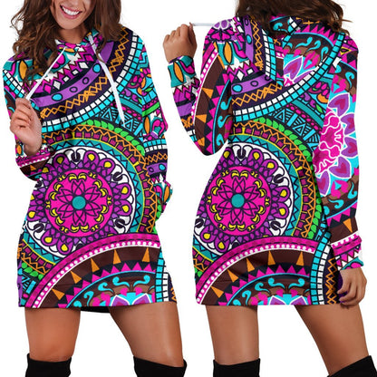 Purple Teal Circle Mandala Print Hoodie Dress GearFrost