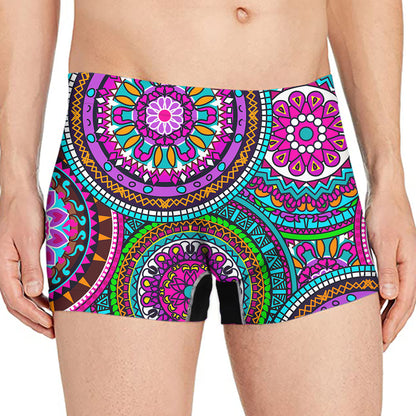 Purple Teal Circle Mandala Print Men's Boxer Briefs