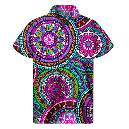 Purple Teal Circle Mandala Print Men's Short Sleeve Shirt