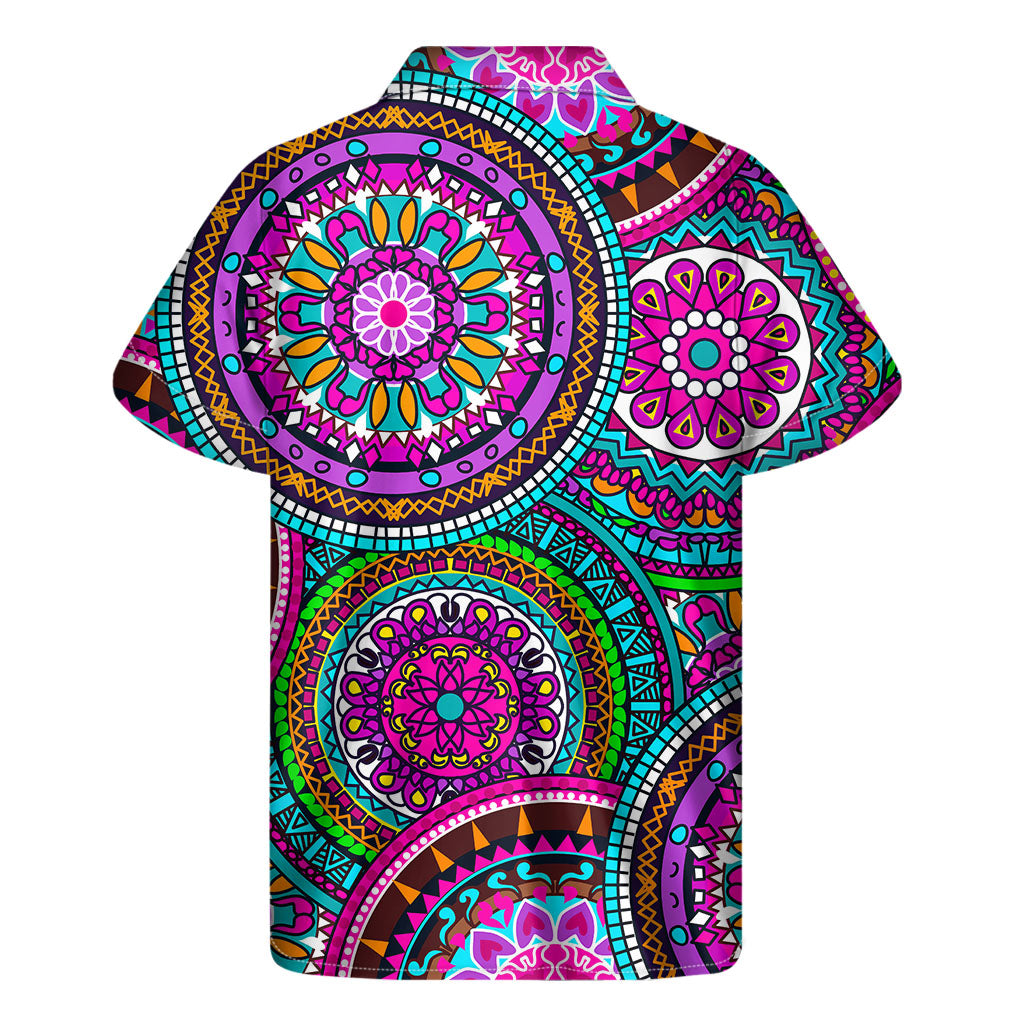 Purple Teal Circle Mandala Print Men's Short Sleeve Shirt