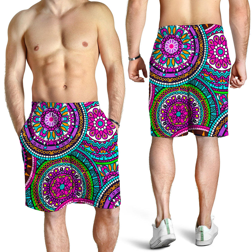 Purple Teal Circle Mandala Print Men's Shorts