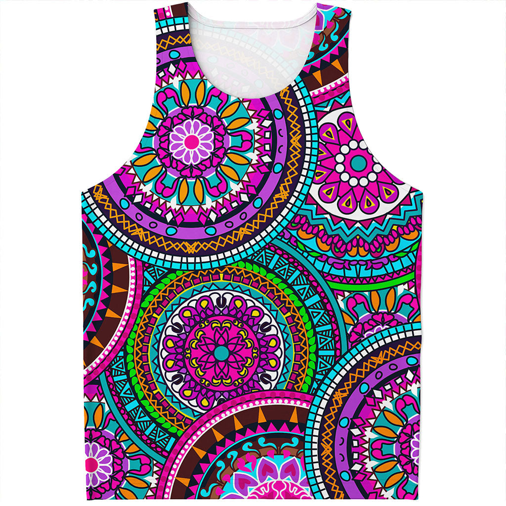 Purple Teal Circle Mandala Print Men's Tank Top