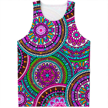 Purple Teal Circle Mandala Print Men's Tank Top