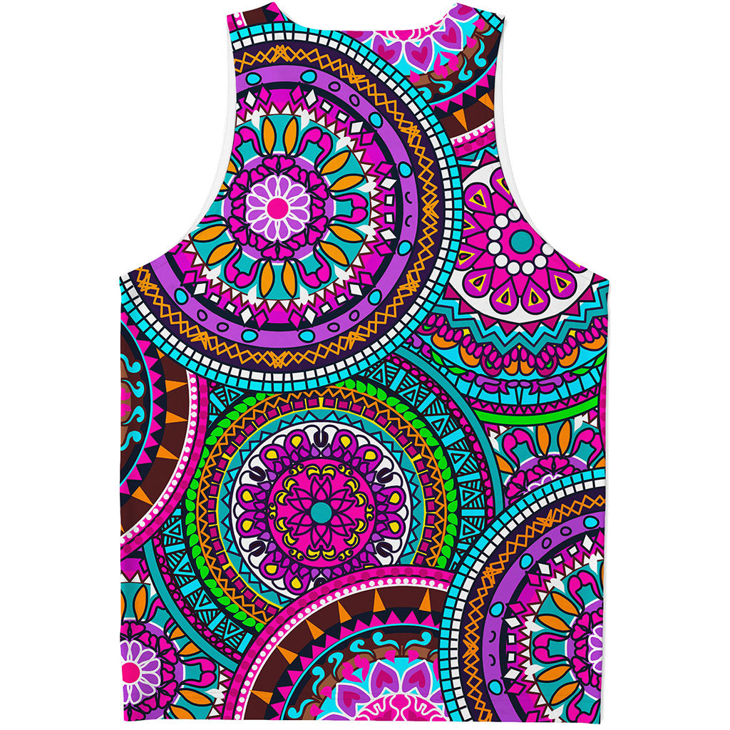 Purple Teal Circle Mandala Print Men's Tank Top