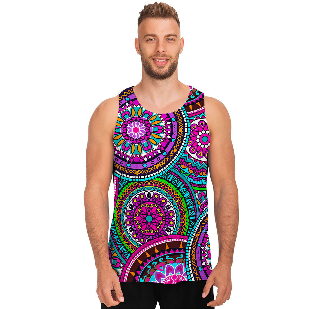 Purple Teal Circle Mandala Print Men's Tank Top