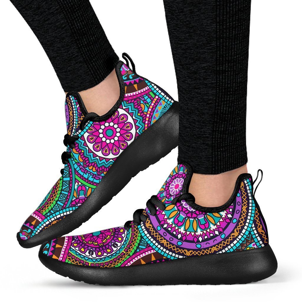 Purple Teal Circle Mandala Print Mesh Knit Shoes GearFrost