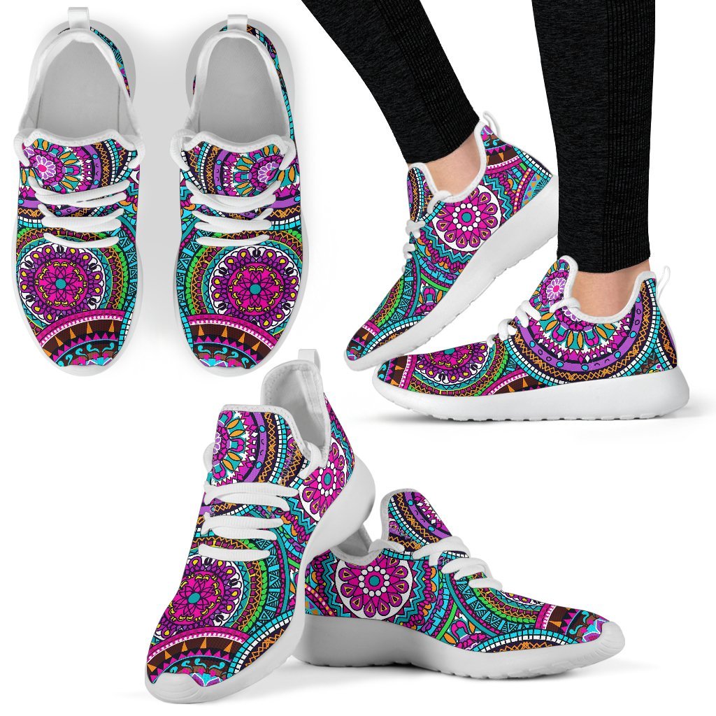 Purple Teal Circle Mandala Print Mesh Knit Shoes GearFrost