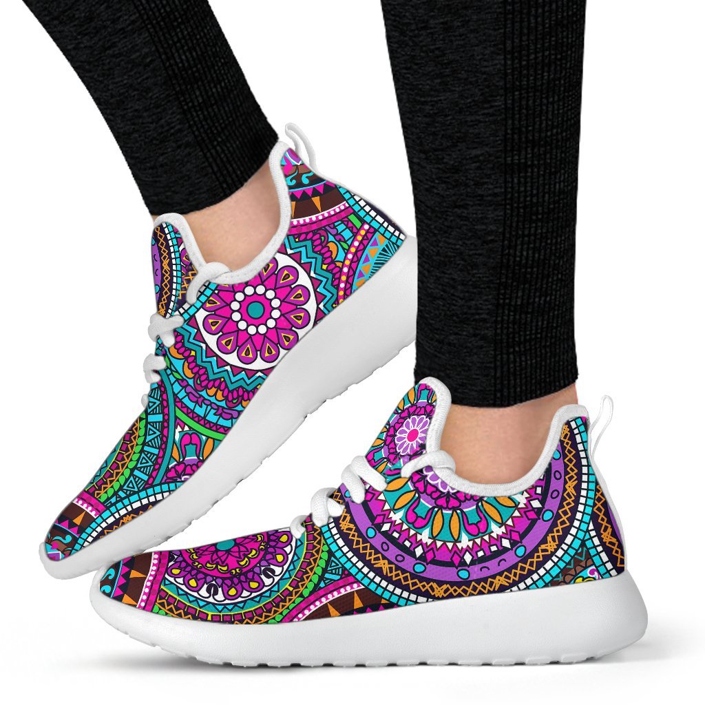 Purple Teal Circle Mandala Print Mesh Knit Shoes GearFrost