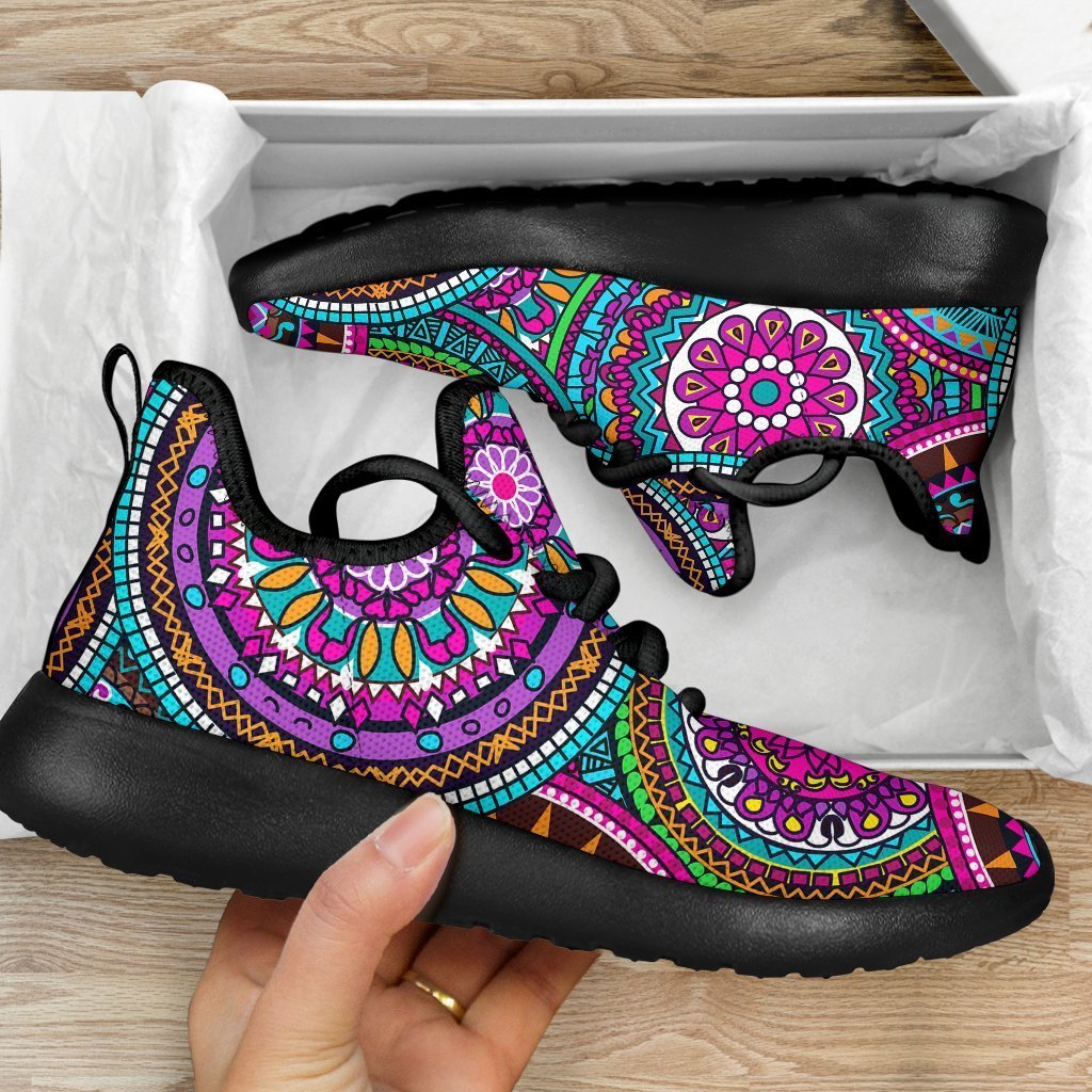 Purple Teal Circle Mandala Print Mesh Knit Shoes GearFrost