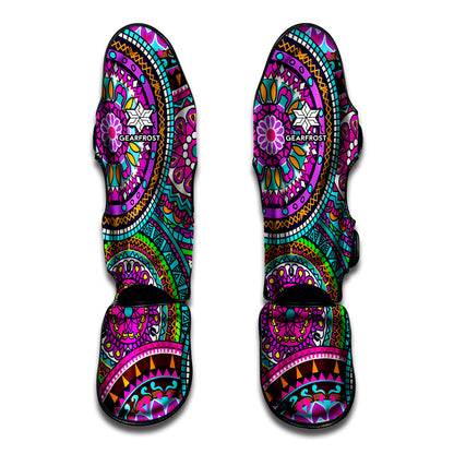 Purple Teal Circle Mandala Print Muay Thai Shin Guard