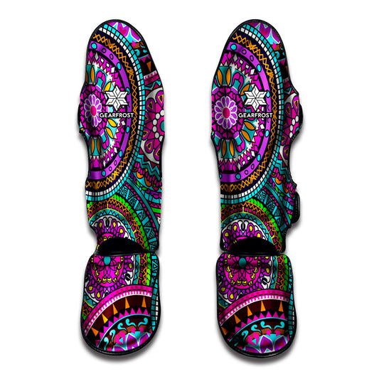 Purple Teal Circle Mandala Print Muay Thai Shin Guard
