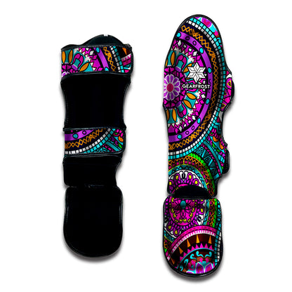 Purple Teal Circle Mandala Print Muay Thai Shin Guard