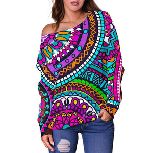 Purple Teal Circle Mandala Print Off Shoulder Sweatshirt GearFrost