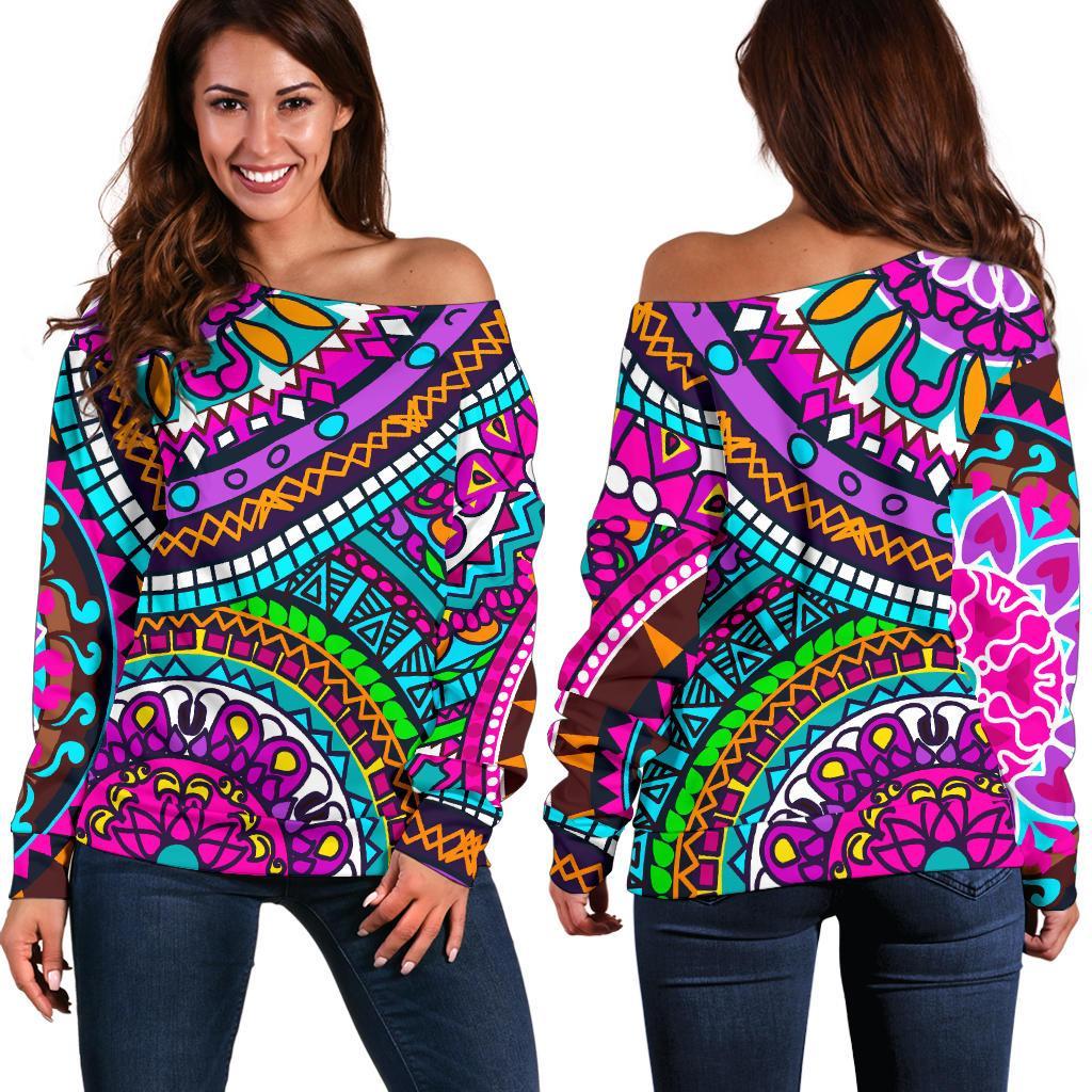 Purple Teal Circle Mandala Print Off Shoulder Sweatshirt GearFrost