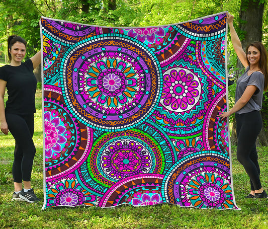 Purple Teal Circle Mandala Print Quilt