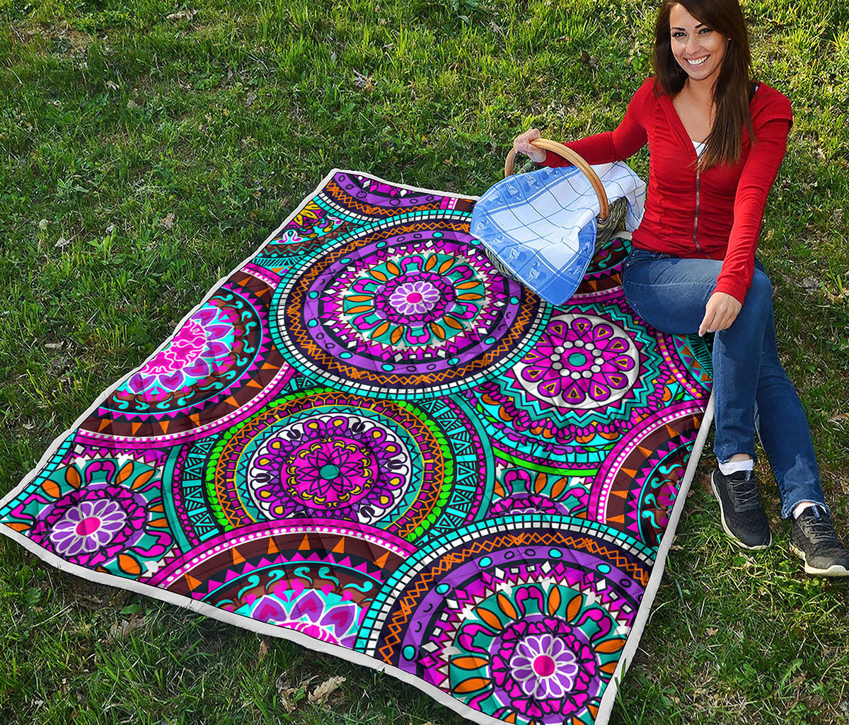 Purple Teal Circle Mandala Print Quilt