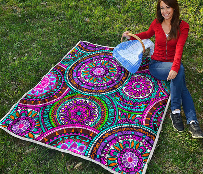 Purple Teal Circle Mandala Print Quilt