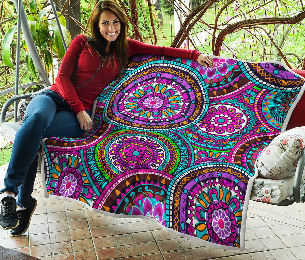 Purple Teal Circle Mandala Print Quilt