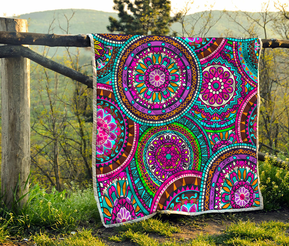 Purple Teal Circle Mandala Print Quilt