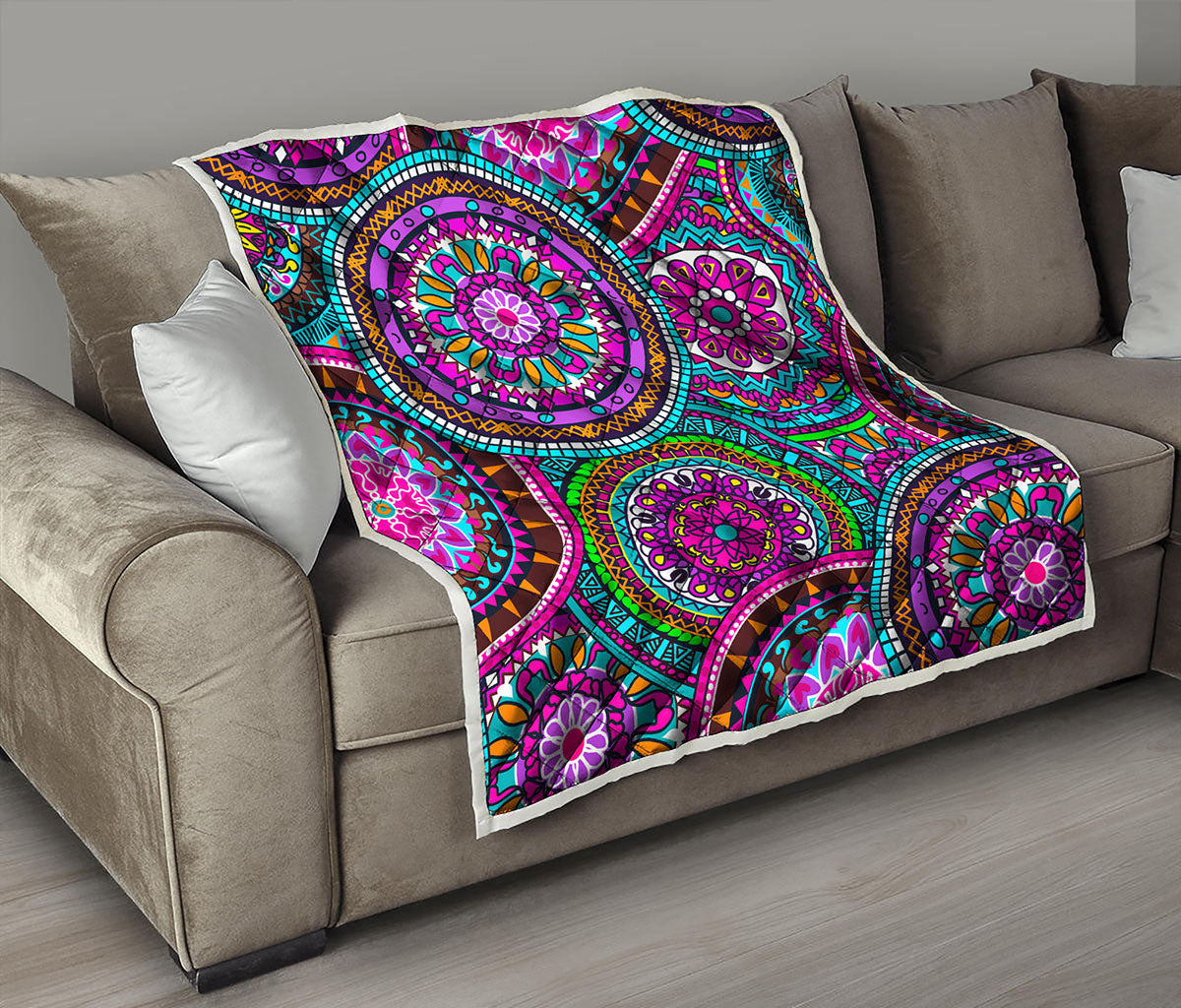 Purple Teal Circle Mandala Print Quilt