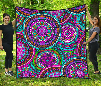 Purple Teal Circle Mandala Print Quilt