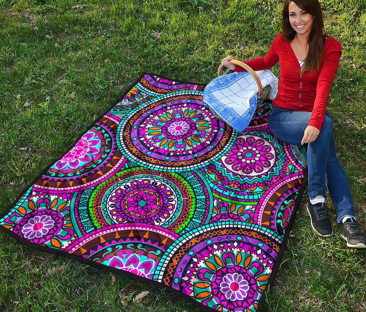 Purple Teal Circle Mandala Print Quilt