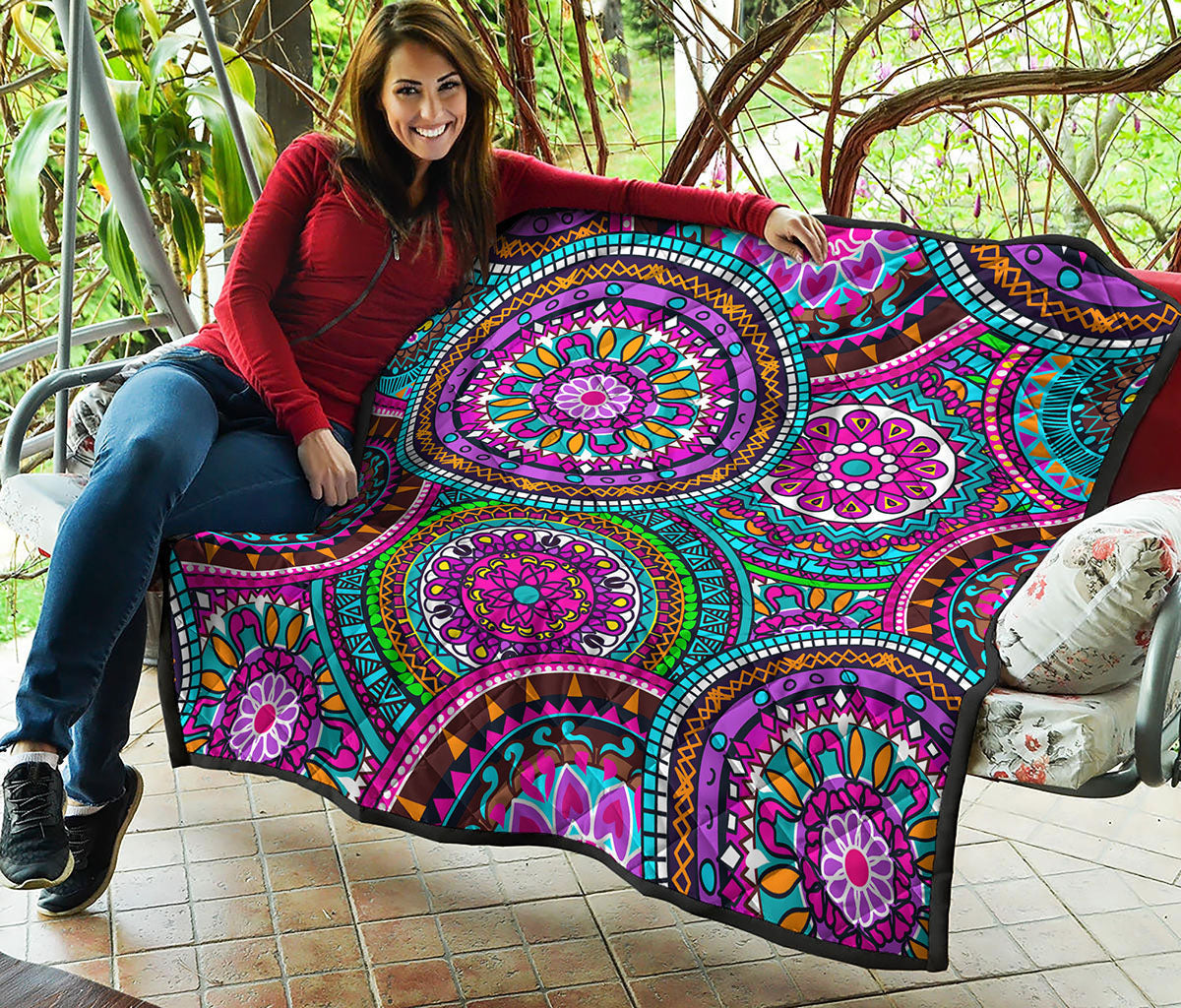 Purple Teal Circle Mandala Print Quilt