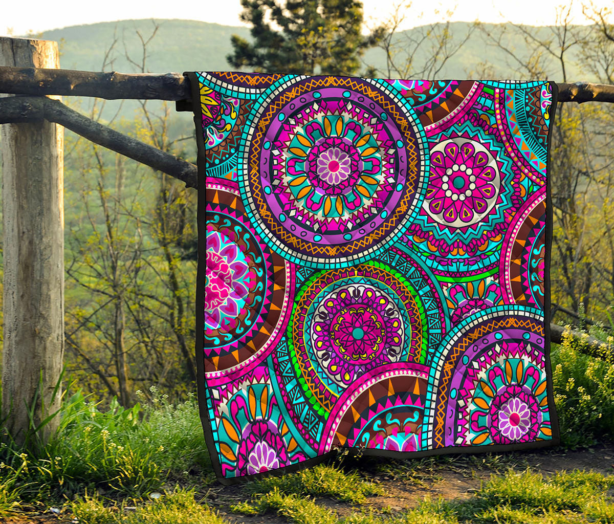 Purple Teal Circle Mandala Print Quilt