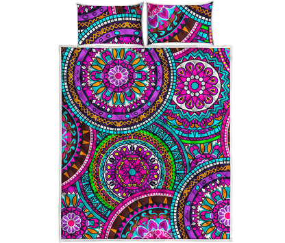 Purple Teal Circle Mandala Print Quilt Bed Set