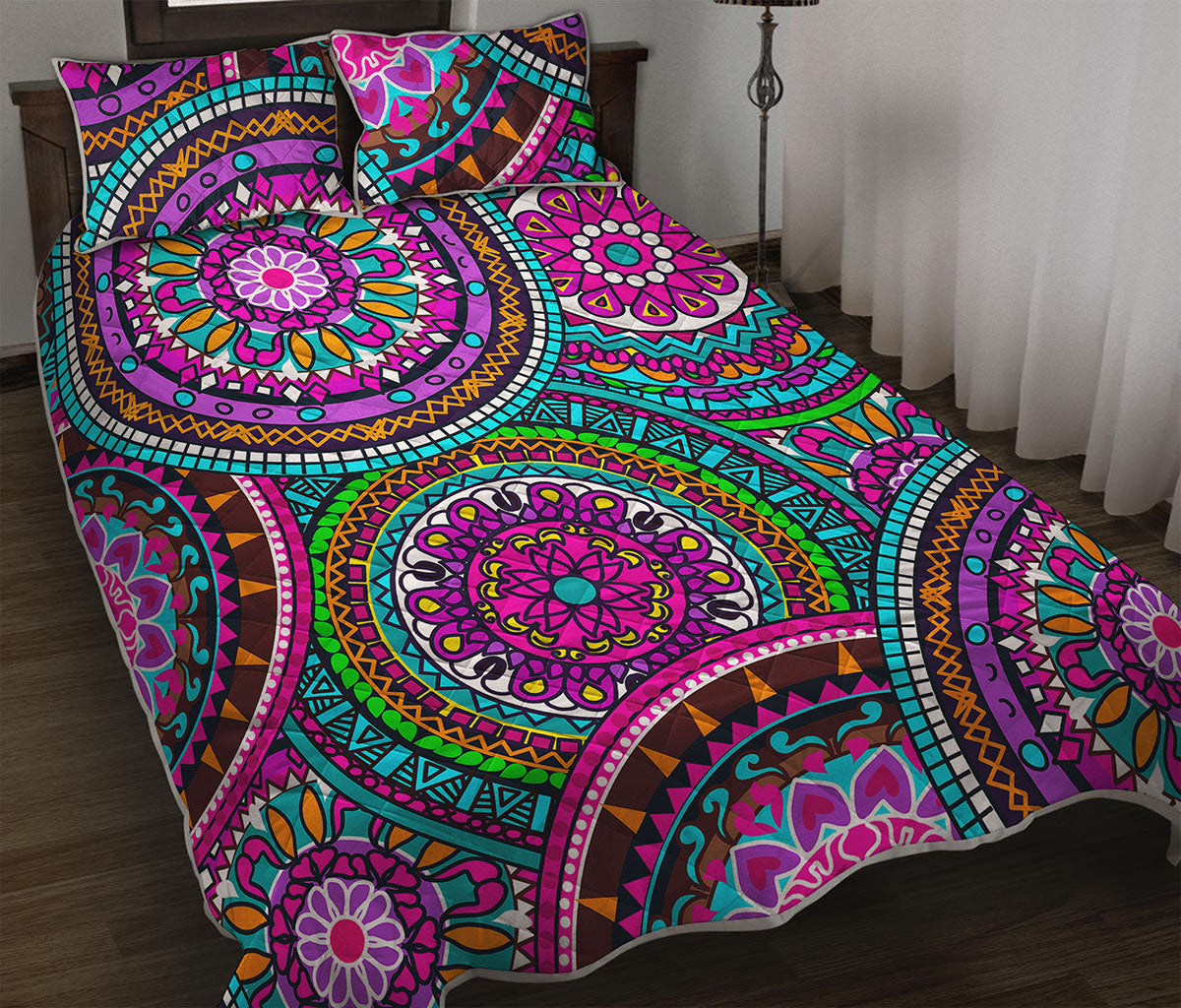 Purple Teal Circle Mandala Print Quilt Bed Set
