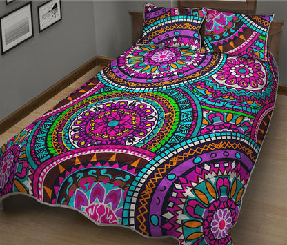 Purple Teal Circle Mandala Print Quilt Bed Set