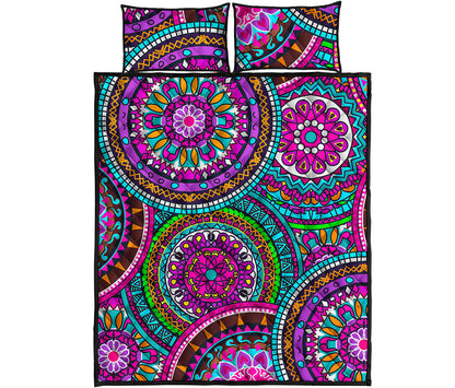Purple Teal Circle Mandala Print Quilt Bed Set