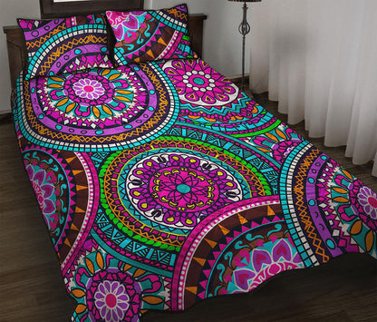 Purple Teal Circle Mandala Print Quilt Bed Set