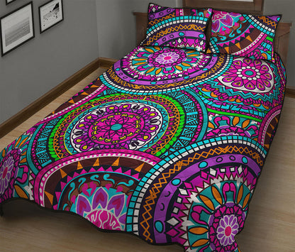 Purple Teal Circle Mandala Print Quilt Bed Set