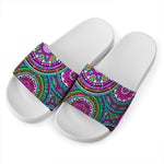 Purple Teal Circle Mandala Print White Slide Sandals