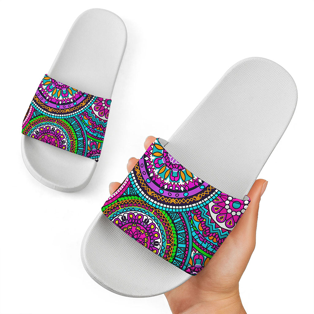 Purple Teal Circle Mandala Print White Slide Sandals