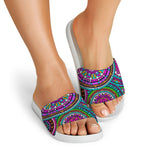 Purple Teal Circle Mandala Print White Slide Sandals