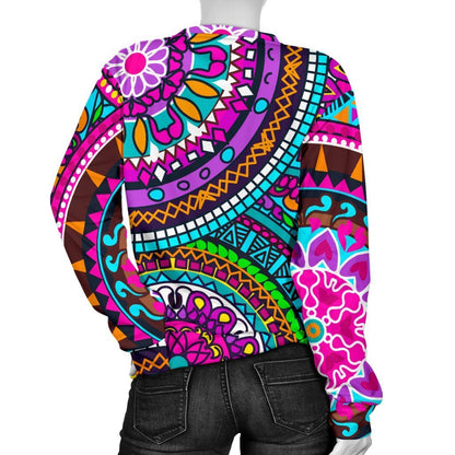 Purple Teal Circle Mandala Print Women's Crewneck Sweatshirt GearFrost