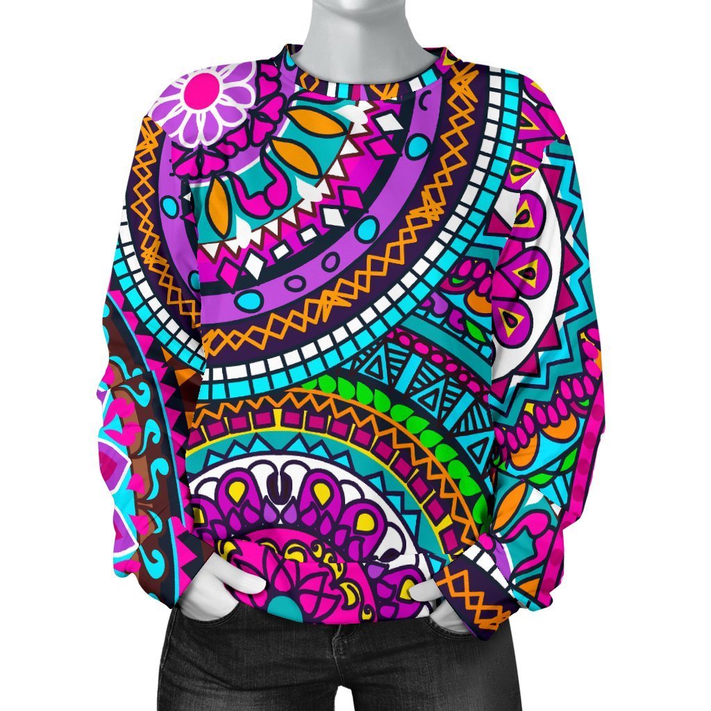 Purple Teal Circle Mandala Print Women's Crewneck Sweatshirt GearFrost