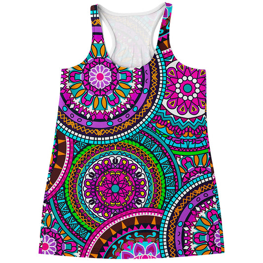 Purple Teal Circle Mandala Print Women's Racerback Tank Top