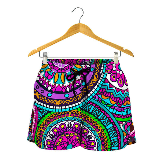Purple Teal Circle Mandala Print Women's Shorts